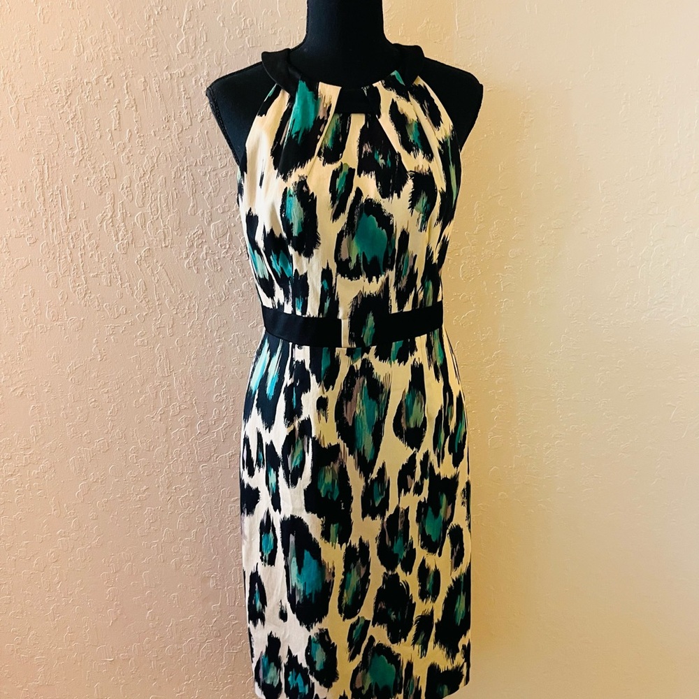 David Meister Leopard Print Midi Dress with‎ Teal and Black